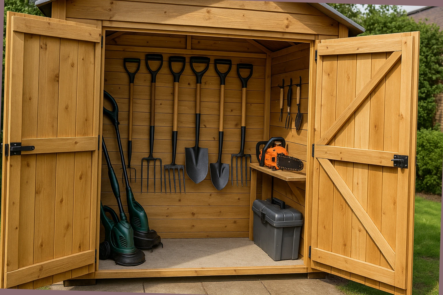 Compact shed with neatly arranged garden tools for hire in Cambridge