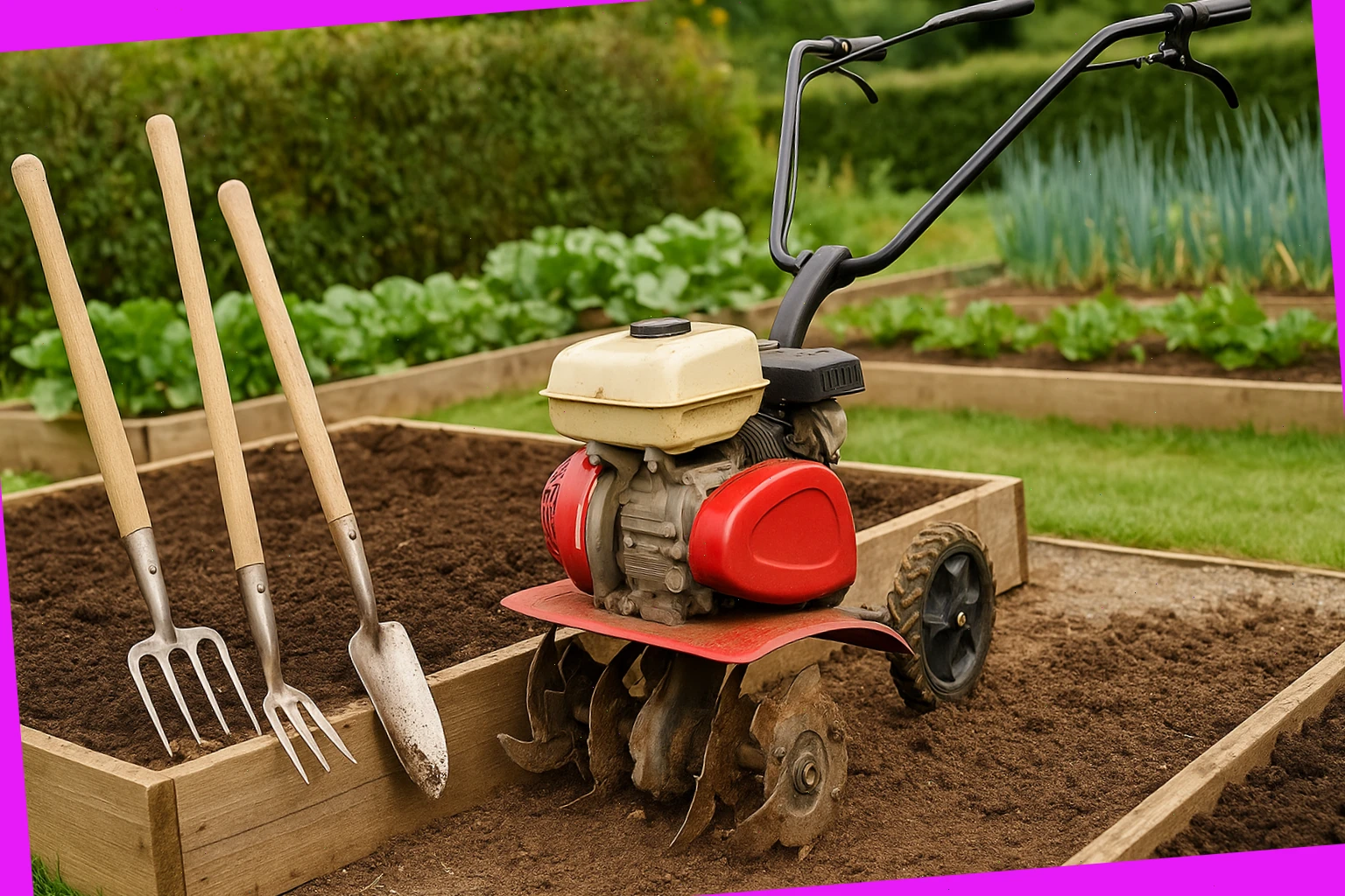 Rotavator and hand tools for raised beds